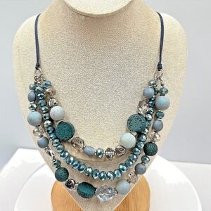 VTG Boho Slate Blue Multi-Strand Statement Necklace Lava Rock Beaded Layered Y2K